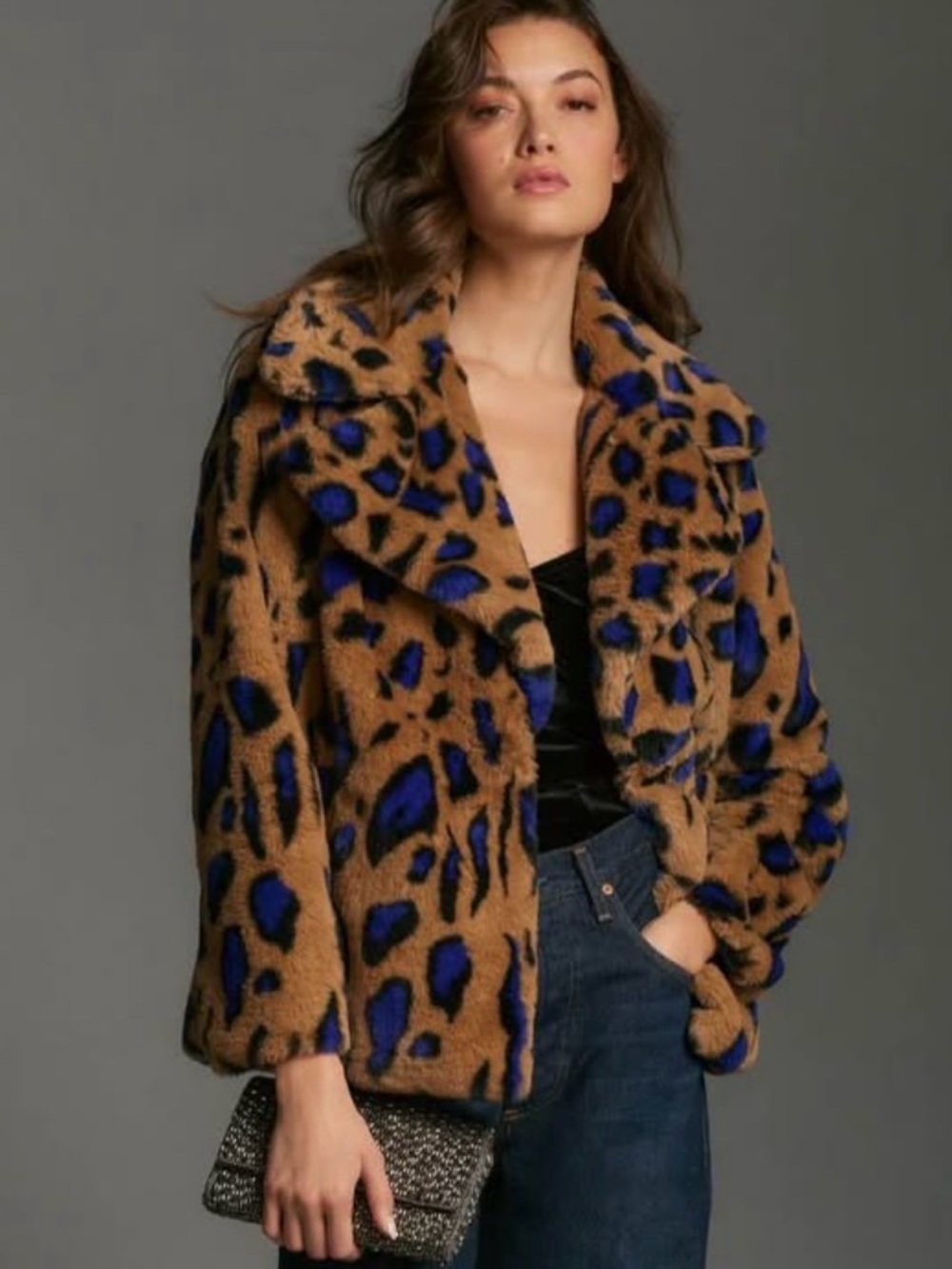 Anthropologies Avec Les Filles Brown Faux-Fur Jacket with Blue Leopard Spots